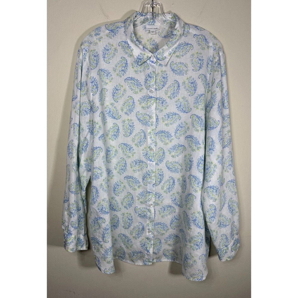 J Jill Love Linen Shirt Womens XL Blue Green Paisley Print Long Sleeve Button Up